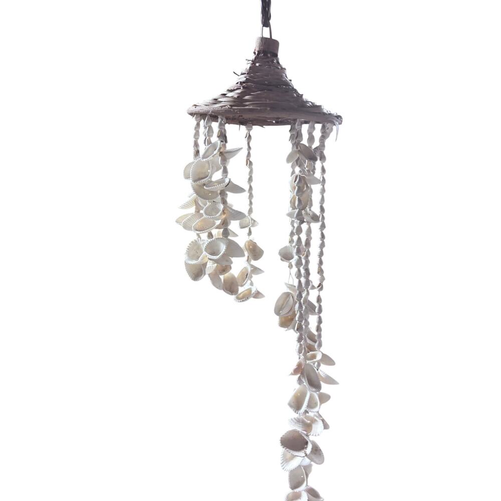 Vtg Sea Shell Chandelier Boho Wind Chime Cascading Wicker Nautical Beach Decor